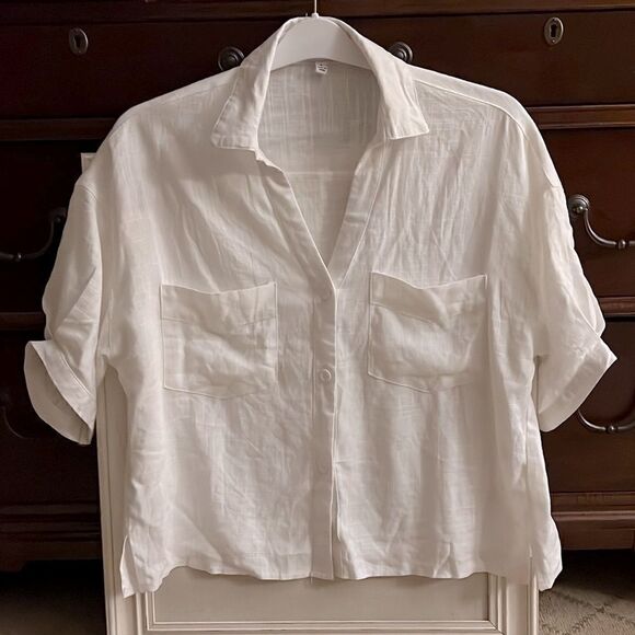 Red Berry white linen flowy boho buttonfront top NWOT L - Picture 1 of 12